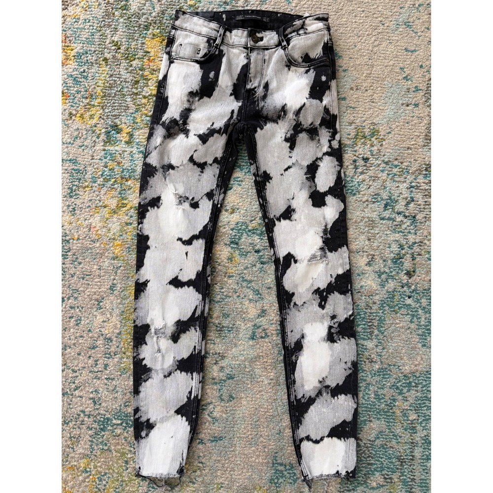 Zara Trafaluc Black White Acid Wash Distressed Skinny Jeans Raw Hem Size 2